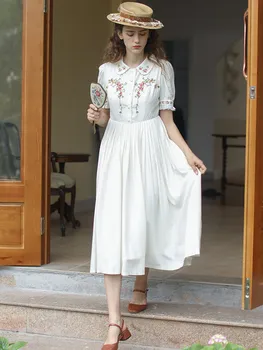 Belo Obleko Pomlad Poletje Ženske Letnik Elegantno Vitek Navzkrižno Šiv Vezenje Naguban Bombaž Midi Obleke Ženska Korejski Obleki