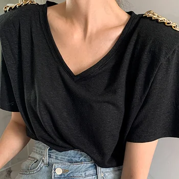 Korejpaa Ženske Majice 2021 Poletje Koreja Preproste Ženske Proti-Vrat Puloverju Vse-Tekmo Priložnostne Verige Dekoracijo Kratka Sleeved Bluze