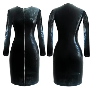 S-3XL Plus Velikost Obleka Ženske Obleke Seksi Črna Snakeskin Umetno Usnje Povoj Obleko 2016 Poletje Novo Zadrgo Bodycon Obleko