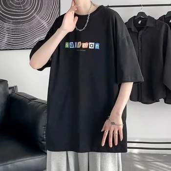 Bombaža, kratek rokav T shirt za moške Instagram trend šel z ohlapno Hong Kong slog novo okrogle ovratnik pol rokav S-4XL