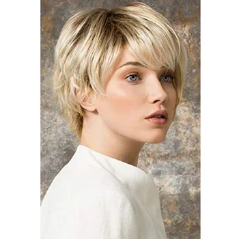 DAN BO Ženske sintetičnih mešani blond rjava kratek lasuljo naravnih lasuljo toplotno odporni lasje ženske lasuljo