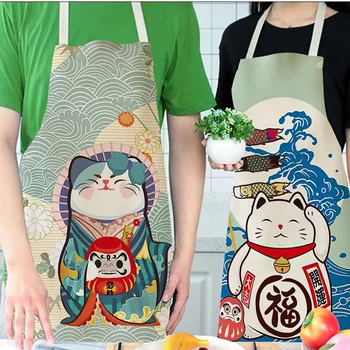 Bombaž in Lan Predpasnik Japonski Strip Lucky Mačka Kuhanje brez Rokavov Nepremočljiva hlače z Oprsnikom Anti-mastno Kuhinjske Potrebščine Kuhar Predpasnik