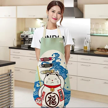 Bombaž in Lan Predpasnik Japonski Strip Lucky Mačka Kuhanje brez Rokavov Nepremočljiva hlače z Oprsnikom Anti-mastno Kuhinjske Potrebščine Kuhar Predpasnik