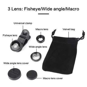 3in1 Fisheye Telefon Objektiv bila 0,67 x širokokotni Zoom Objektiv Ribje Oko Makro Objektivi Fotoaparat Kompleti S Posnetka Objektiv Na Telefon Za telefon