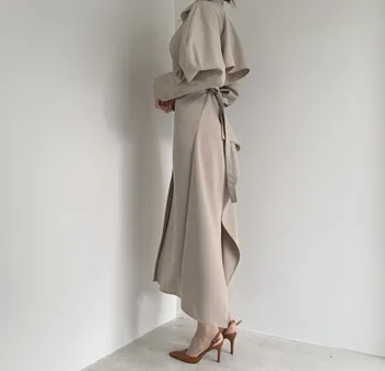 Francoski River Enotni-zapenjanje Femme Haljo Povodcem Trak Pasu Slim Vestidos korejski Elegantna Dolgo sleeved Split Obleka Ženske