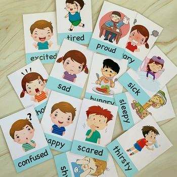 14PCS Montessori Baby angleški Učnih Kartic Risanka Čustva Flash Kartice Vrtec učni Pripomočki Otroke Zgodaj Izobraževalne Igrače