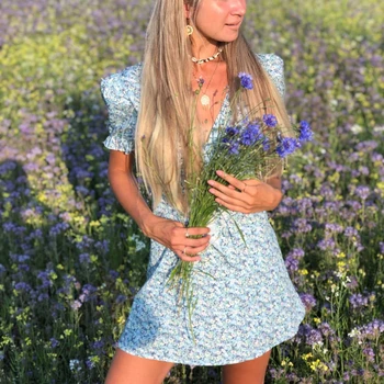 ZHISILAO Novo Cvetlični Mini Obleka za Poletje 2021 Modra Seksi Šifon Proti-vrat Kratek Rokav Obleka Boho A-line Bodycon Obleke Plažo