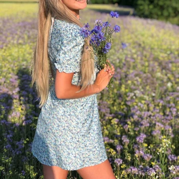 ZHISILAO Novo Cvetlični Mini Obleka za Poletje 2021 Modra Seksi Šifon Proti-vrat Kratek Rokav Obleka Boho A-line Bodycon Obleke Plažo