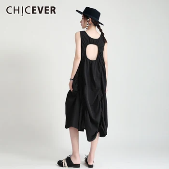 CHICEVER Black Votlih Iz Priložnostne Obleko Za Ženske O Vratu brez Rokavov Visoko Pasu Midi Obleke Ženska Poletna Obleka 2021 Nov Slog