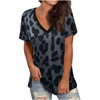 Ženske Leopard Tiskanja Tiskanje T-Shirt Kratkimi Rokavi, V-izrez Svoboden Womens Vrhovi Grafični Ženski Tee T-Shirt y2k camisetas de mujer