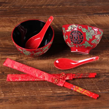 Kitajski rdeče porcelana večerjo skledo ljubitelje nekaj poročno doto darilo družico palčke žlico namizna keramični servis set 15173