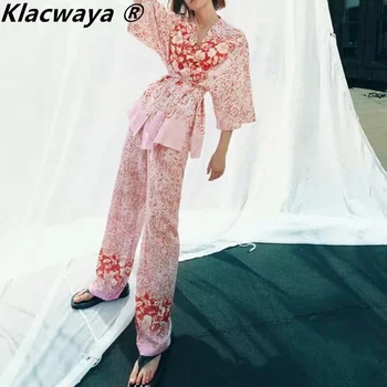 Klacwaya 2021 Ženske Letnik S Pasom Cvjetnim Tiskanja Kimono Bluze + Ženska Visoko Elastični Pas Širok Noge Hlače Elegantno Obleko Lady 15455