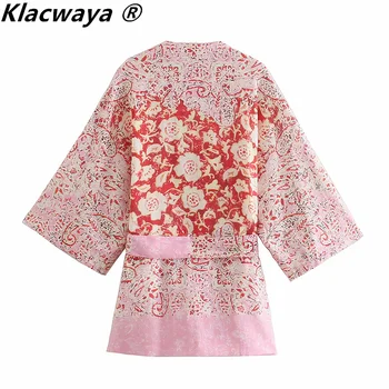 Klacwaya 2021 Ženske Letnik S Pasom Cvjetnim Tiskanja Kimono Bluze + Ženska Visoko Elastični Pas Širok Noge Hlače Elegantno Obleko Lady