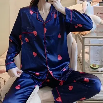 MoneRffi 2021 Pomlad Saten Svila Pajama Nastavite Ženska Tiskanja Dolg Rokav Sleepwear Pijamas bo Ustrezala Ženski Spal 2pcs Loungewear Plus Velikost