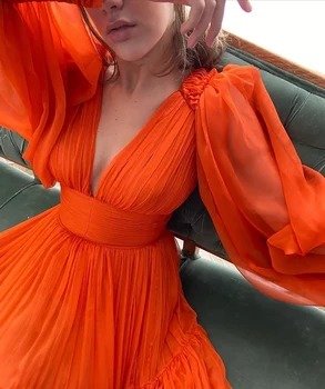 5154 Oranžna Novo V Modni Proti-Vrat Naravna Tla-Dolžina Šifon Večer Prom Obleke/Poročne Posla Halje Gub Brezplačna Dostava