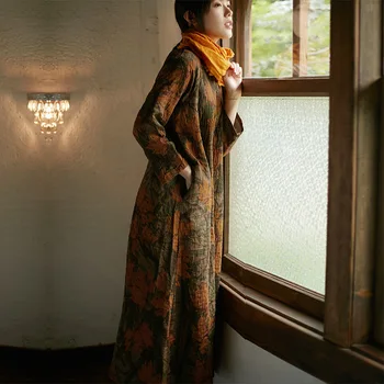 SCUWLINEN Retro Kitajski-slog Natisnjeni Haljo Žensk Pomlad Jesen Obleko 2021 Letnik Dvojno Plast Dolgo Ohlapno Bombaž Obleke S975