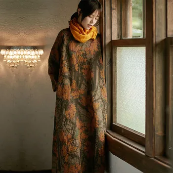 SCUWLINEN Retro Kitajski-slog Natisnjeni Haljo Žensk Pomlad Jesen Obleko 2021 Letnik Dvojno Plast Dolgo Ohlapno Bombaž Obleke S975