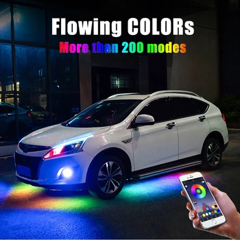 4PCS 12V IP65 Bluetooth App Nadzor Teče Barve RGB LED Trakovi Pod Avto 90 120 cm Cev Underglow Podvozje Sistem Neon Luči