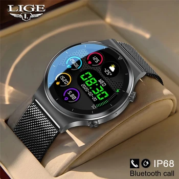 LIGE 2021 Poln krog zaslona na dotik jekla Pasu luksuzni Bluetooth klic Moških pametno gledati Nepremočljiva Športne Aktivnosti, fitnes watch+Box