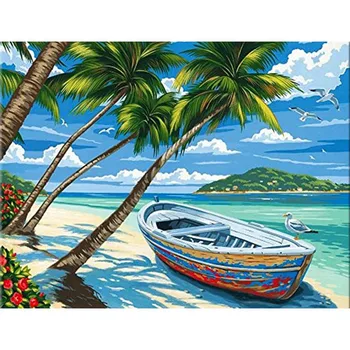 Pogled na morje 5D DIY Diamond Slikarstvo Plaži Kokosovo Drevo Mozaik Navzkrižno Šiv Vezenje Trajekt Slike Doma Dekoracijo Wall Art V17