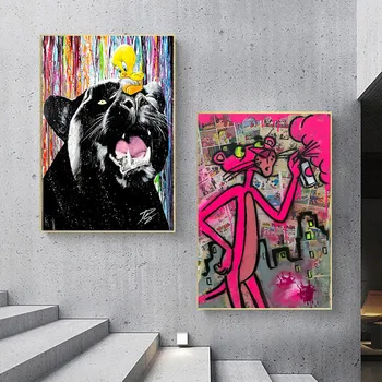 Grafiti Pink Panther Plakatov in Fotografij Pisane Julien Durix Slikarstvo na Platno Wall Street Art Slik, Dnevna Soba Dekor