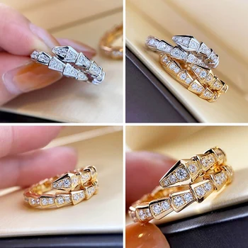 Razkošje svetlobe Diamond Nišo Design pozlačeni Majhna Kača Obroč za Ženske Modni Diamant Usta Kača Kosti Indeks Prst Prstan