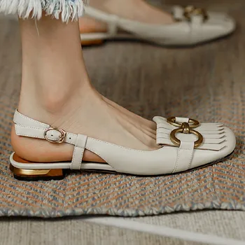 Ženske pravega usnja slingback slip-on stanovanj sandali kvadratni toe bonitete verige dekoracijo priložnostne poletja eno čevlji obutev