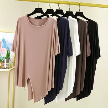 Modal plus velikost majica s kratkimi rokavi ženske 2021 poletje priložnostne barva nezakonitih korejski ohlapno okoli vratu rokave in dno majica vrh