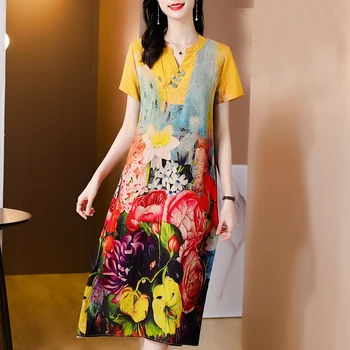 5XL Plus Velikost Svoboden Cvetlični Šifon Obleko 2021 Poletje Letnik Priložnostne Mulberry Svile Midi Obleka Ženske Elegantne Bodycon Stranka Vestido