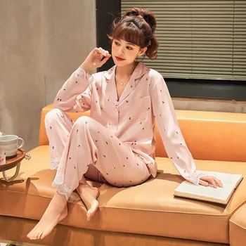 Ženski Imitacije Svile Dolgo Sleeved Pižamo žensko Jopico River Priložnostne Sladko Dame Pyjama Domov Storitev Spomladi In Jeseni Obleko