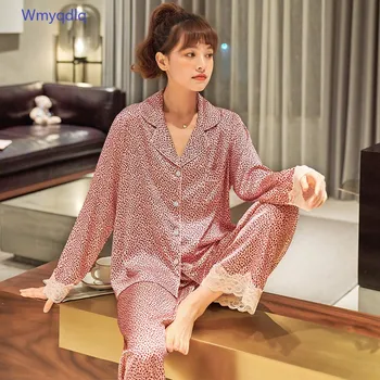 Ženski Imitacije Svile Dolgo Sleeved Pižamo žensko Jopico River Priložnostne Sladko Dame Pyjama Domov Storitev Spomladi In Jeseni Obleko