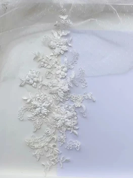Off white Beaded Sequins 3D Nalepke Ogledalo Cvet Čipke Večerno Obleko Spredaj v Prsih Dekoracijo Pribor RS3071