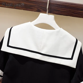 4XL Plus Velikost Ženske Preppy Stil Naguban Ruffles Obleko Poletje 2021 Prugasta Mornar Ovratnik Puff Rokav Svoboden Mini Obleke Črna