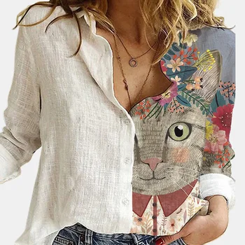Vintage Ženske Mozaik Gumb Kratek Rokav Bluzo Poletje Priložnostne Svoboden Urad Majica Femme Plus Velikost 3XL Mačke Tiskano Majico Blusa