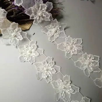 10x Bela 3D Pearl Cvet Ročno Beaded Vezene Tkanine, Čipke Trim Traku Dvojne Plasti Aplicirano Obleko DIY Šivanje Obrti 17211