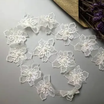 10x Bela 3D Pearl Cvet Ročno Beaded Vezene Tkanine, Čipke Trim Traku Dvojne Plasti Aplicirano Obleko DIY Šivanje Obrti