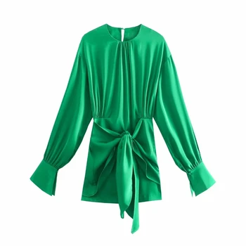 2021 Fashion Zelena Visoko Pasu, Ženske Obleko Eleganten Dolg Rokav Y2K Tulec Lok Sashes Poletje Ženski Praznik Obleke Stranka Vestidos