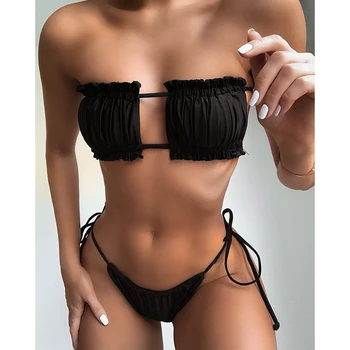 Femmes Fronce Creux Seksi Bikini 2021 mujer Bustier Tubulaire Bikini Maillot bain de Bandeau plisse Seksi Bikini culotte tanga