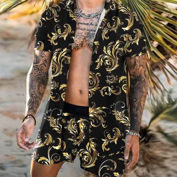 Hawaiian Beach Set Mens Tiskanje Nastavite Kratek Rokav Poletje Priložnostne Cvetlični Majica Plaži Dva Kosa Obleko 2021 Nove Modne Moške Nastavi M-3X