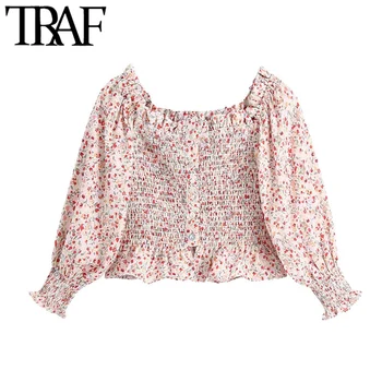 TRAF Ženske Sweet Modni Cvjetnim Tiskanja Smocked Odrezana Vintage Bluze Elastična Vratu Ogrlicom Ženske Majice Elegantna Vrhovi