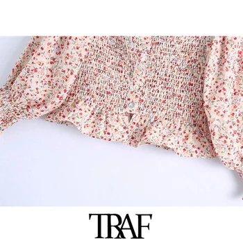 TRAF Ženske Sweet Modni Cvjetnim Tiskanja Smocked Odrezana Vintage Bluze Elastična Vratu Ogrlicom Ženske Majice Elegantna Vrhovi