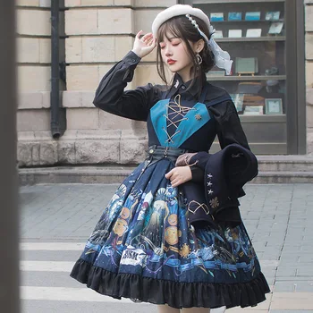 Globoko Morje ~ Vintage Vojaški Slog Lolita JSK Obleko z Zelenortskimi