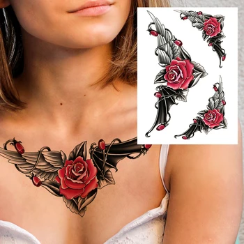Dragon Cvet Trnje Začasne Tetovaže Za Ženske, Dekleta Ponaredek Pero 3D Rose Tattoo Nalepke Trikotnik Nepremočljiva Čipke Tatoos Dekor