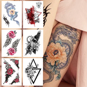 Dragon Cvet Trnje Začasne Tetovaže Za Ženske, Dekleta Ponaredek Pero 3D Rose Tattoo Nalepke Trikotnik Nepremočljiva Čipke Tatoos Dekor