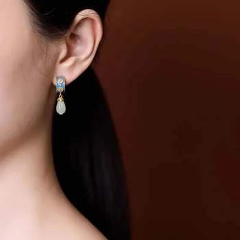 Prvotni načrt naravnih Hetian jade stari slog ustvarjalne uhani Kitajski retro čar ženske čar srebrni nakit 181120