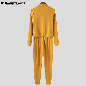 INCERUN Moške Pižame Jumpsuits Homewear Gumb Fitnes igralne obleke z Dolgimi Rokavi Barva Prijetno 2021 Kombinezon Moških More S-5XL