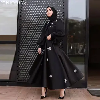 Nov Prihod Črno Satenasto Savdska Arabski Večerno Obleko 2021 Puff Dolge Rokave Zvezde Kroglice Gleženj Dolžina Dubaj Ženske Formalno Halje Robe 186051