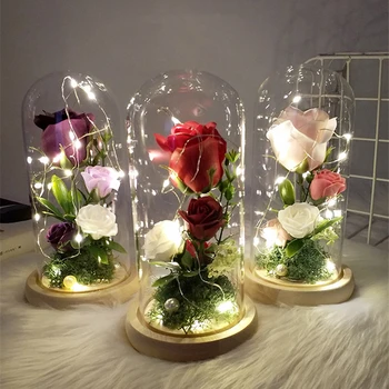 Umetno Cvetje Vedno Rose LED Luči Lepoto Zver V steklen Pokrov Doma Dekor materinski Dan, Darila, valentinovo, Darila