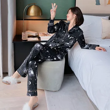 Ženske Pomlad Jesen Dolg Rokav Sleepwear Pijamas Bo Ustrezala Plus Velikost Tiskanja Spanja Nastavite Par Pižamo Sklop Priložnostne Svoboden Domov Oblačila