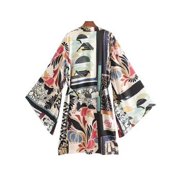 Za 2021 ženska Majica Oversize Črna Mozaik Kimono Dolgo Bluze za Ženske Priložnostne Poletje Plaža Pasu Batwing Long Sleeve Majica